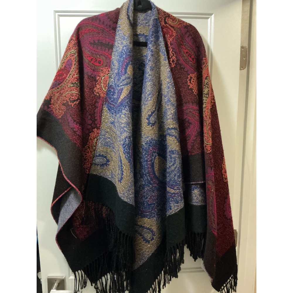 Reversible Paisley Fringe Poncho Wrap Burgundy Blue Boho Open Front Shawl Cape